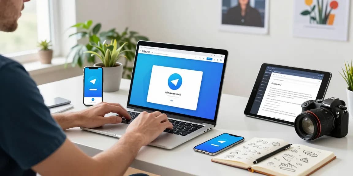 User working on Telegram Web Version in a bright home office, showcasing dynamic interaction with technology.