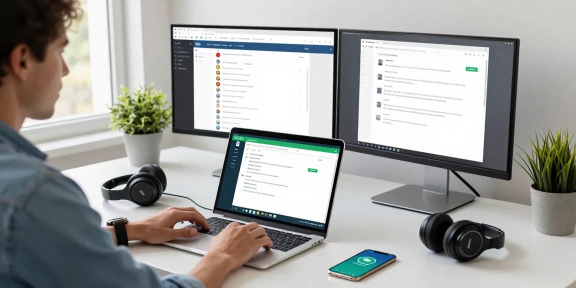 Person using WhatsApp電腦版 on a sleek desk with modern tech elements.