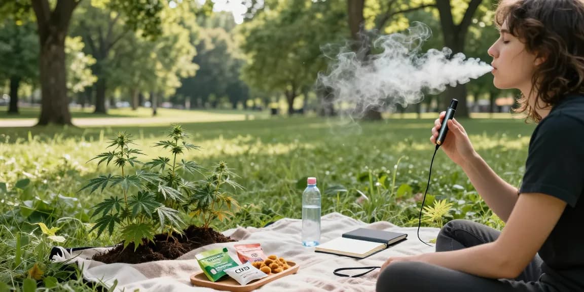 what is thc vape natural wellness scene with disposable vape device, organic CBD snacks, and lush greenery for a calming experience