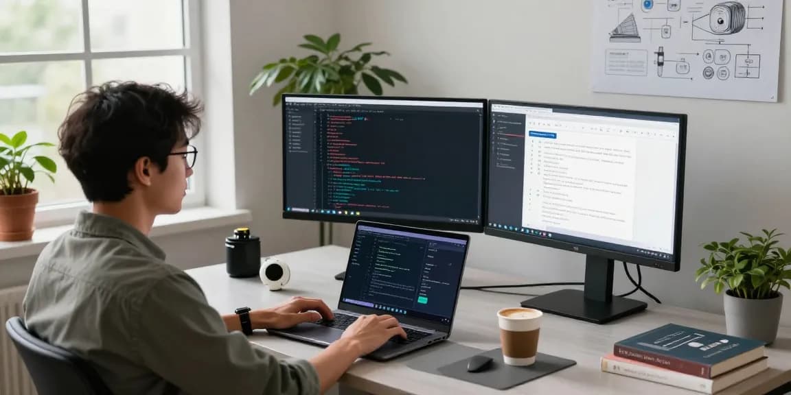 KoboldAI developer interacting in a tech workspace with multiple monitors showcasing AI applications and code.