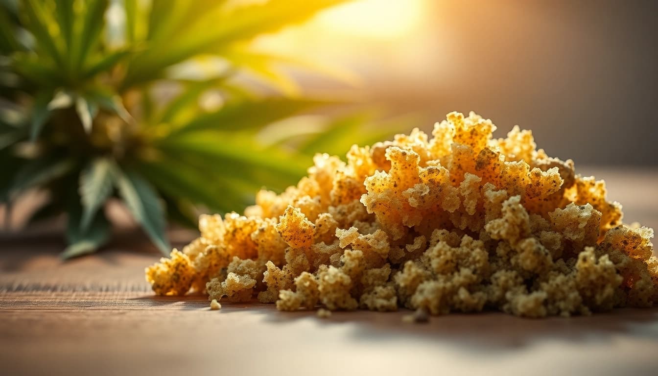 Experience premium bubble hash online, highlighting its rich texture and nature-inspired setting.