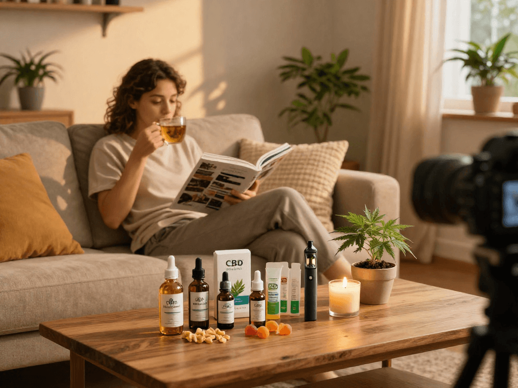 CBD oil, gummies, and vape device displayed in a cozy living room, highlighting online dispensary delivery for natural wellness solutions.