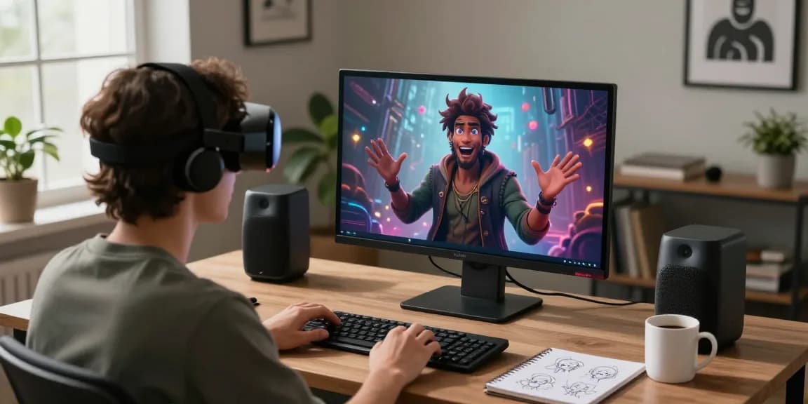 Tavern AI interaction scene with users engaged in creative dialogue and character design in a modern home office.