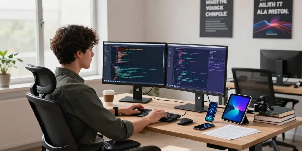 Discover telegram中文版下载 in a modern programming workspace filled with tech gadgets.