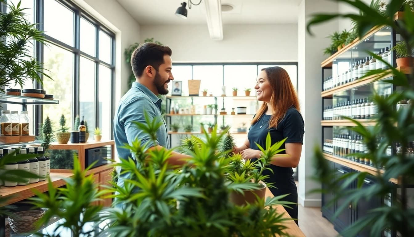 Buy marijuana at a cozy retail shop featuring a friendly budtender and vibrant products.