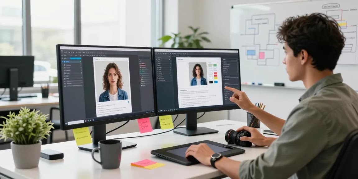 User analyzing images with a free ai detector in a modern tech workspace.