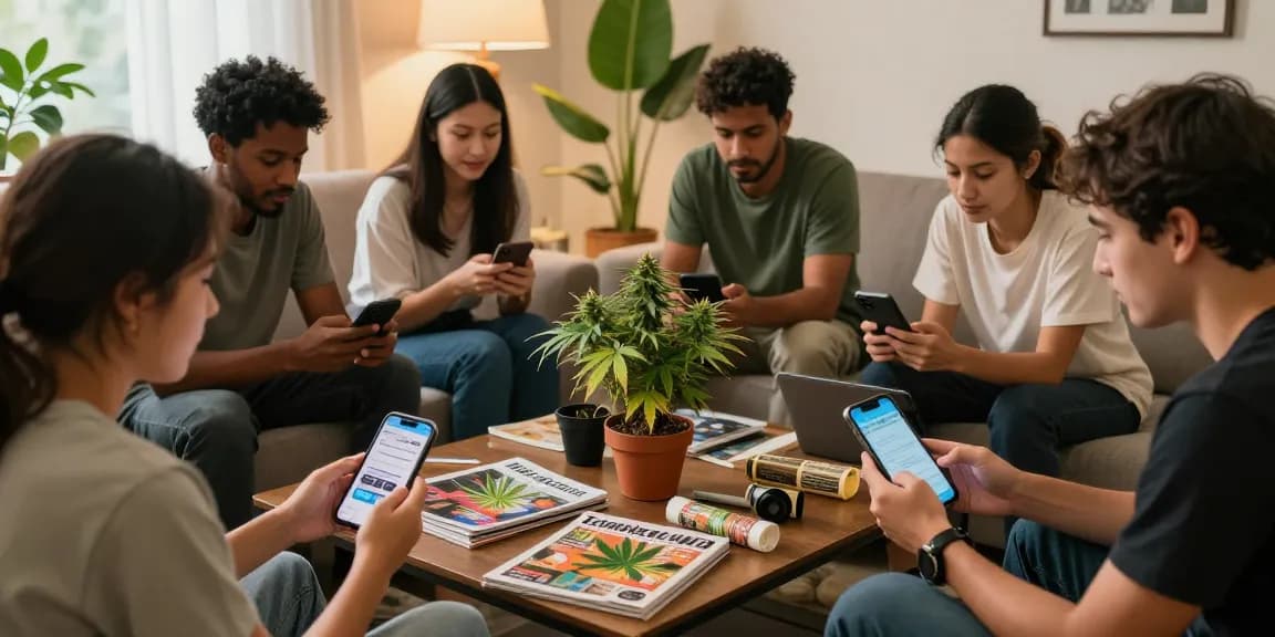 Engaged cannabis enthusiasts sharing news in a lively Telegram group, discussing weed telegram near me updates and community insights.