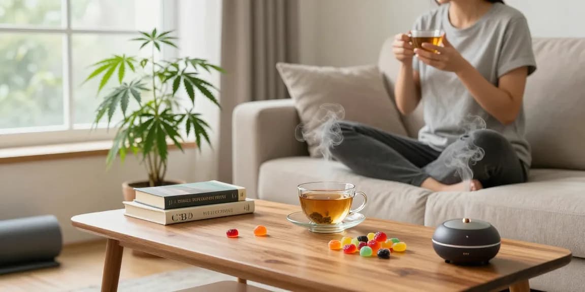 Enjoying patch gummies alongside a calming CBD tea in a cozy wellness space, showcasing natural relaxation.