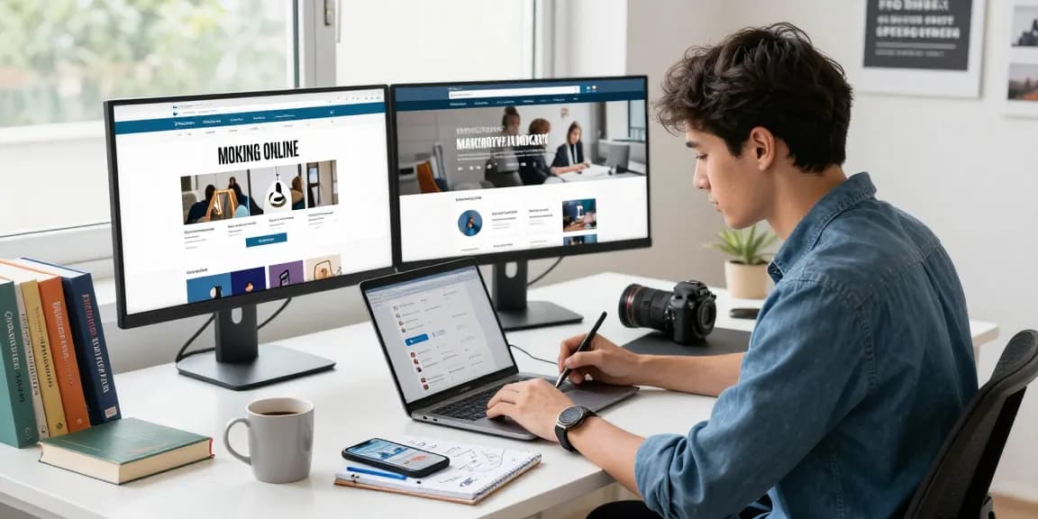 Young entrepreneur writing a Want to make money online article in a modern workspace, surrounded by motivational elements.