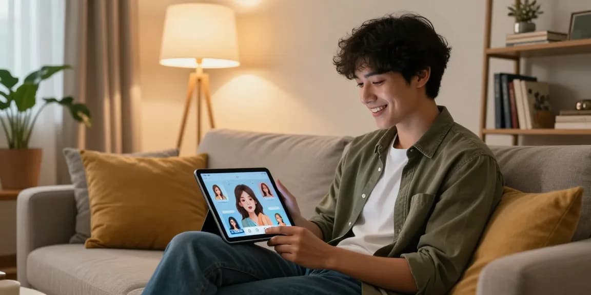 Engaging with an AI girlfriend app in a cozy living room, highlighting modern digital companionship.
