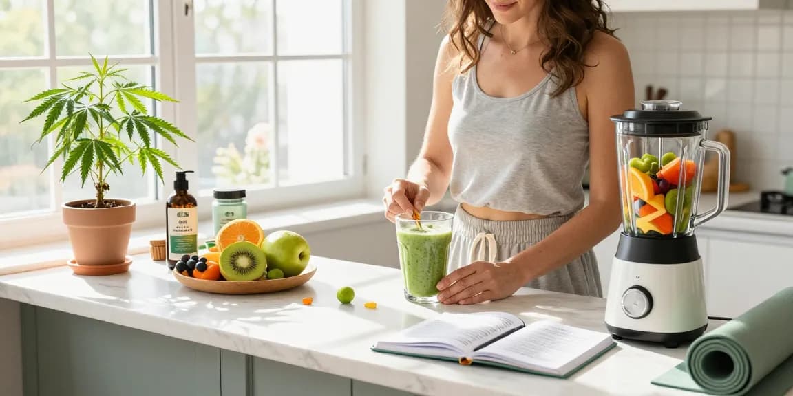 CBD Cream Hempworx integrated into a vibrant morning wellness routine with fresh ingredients and hemp plants.