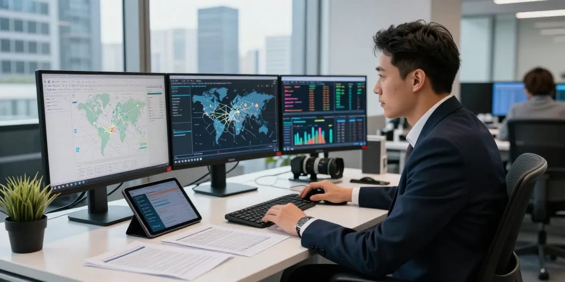 Professional analyzing asset tracing data in a modern office setting