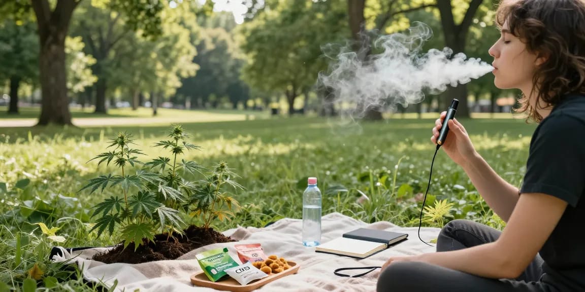 what is thc vape natural wellness scene with disposable vape device, organic CBD snacks, and lush greenery for a calming experience