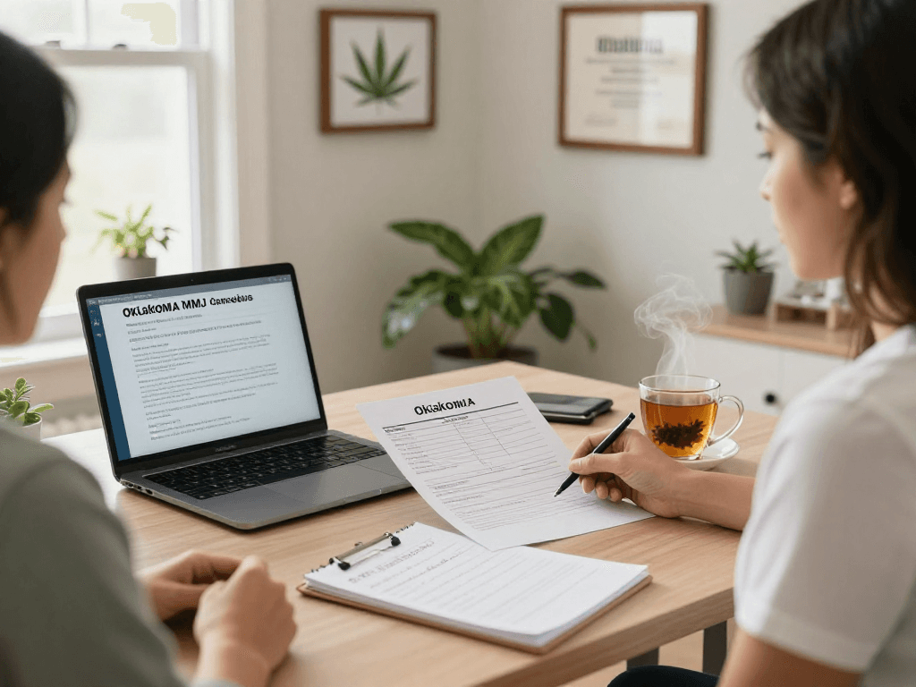 Oklahoma MMJ doctor reviewing patient documents in a cozy office.