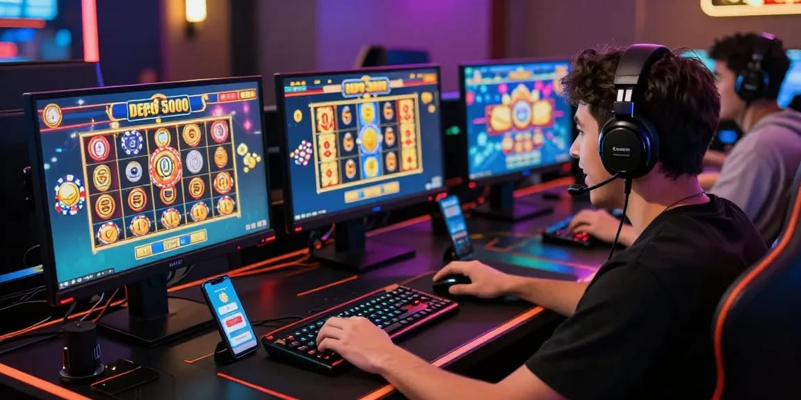 Engaged player enjoying slot depo 5000 gaming experience at a vibrant online casino setup.