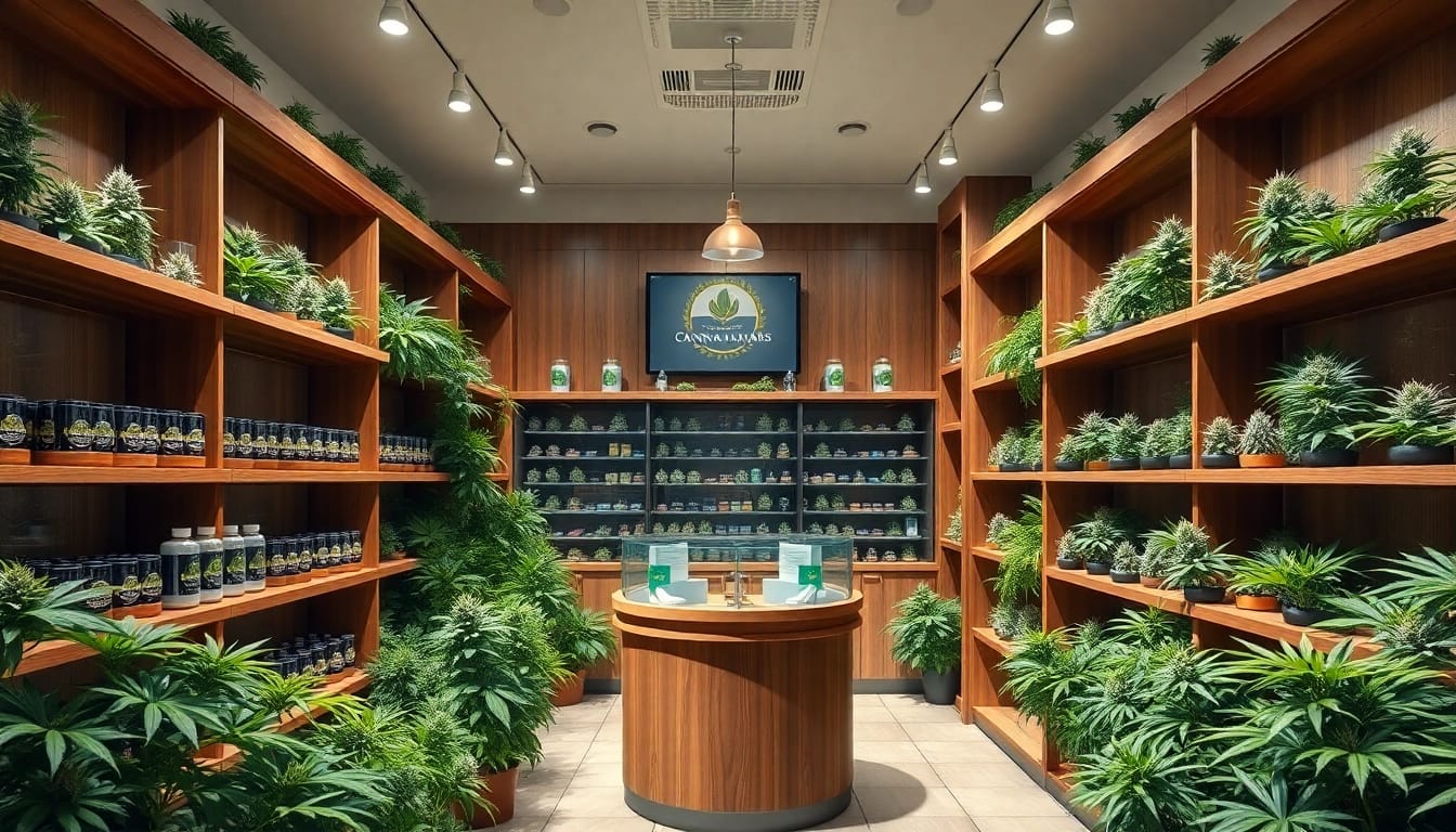 Engaging display at sites to buy weed featuring quality cannabis strains in a professional setting.