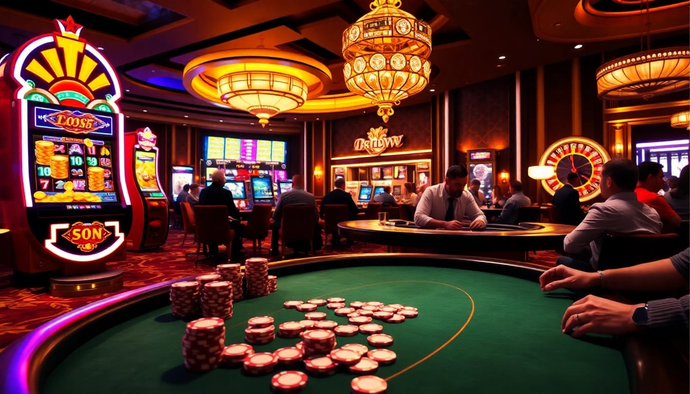 The excitement of 88vv alive at a luxurious poker table with gleaming chips and vibrant slot machines.
