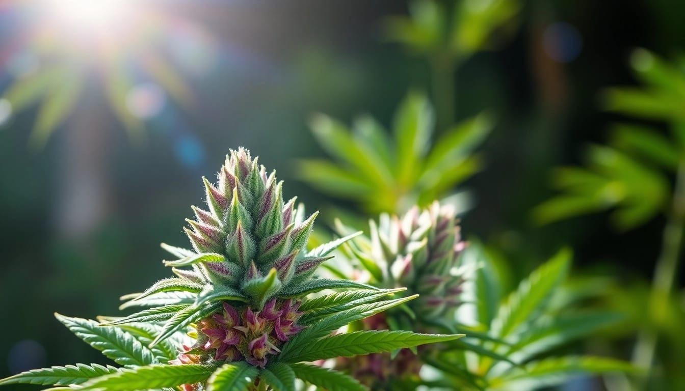 Exquisite Miami Runtz strain buds highlighted against a lush green background.