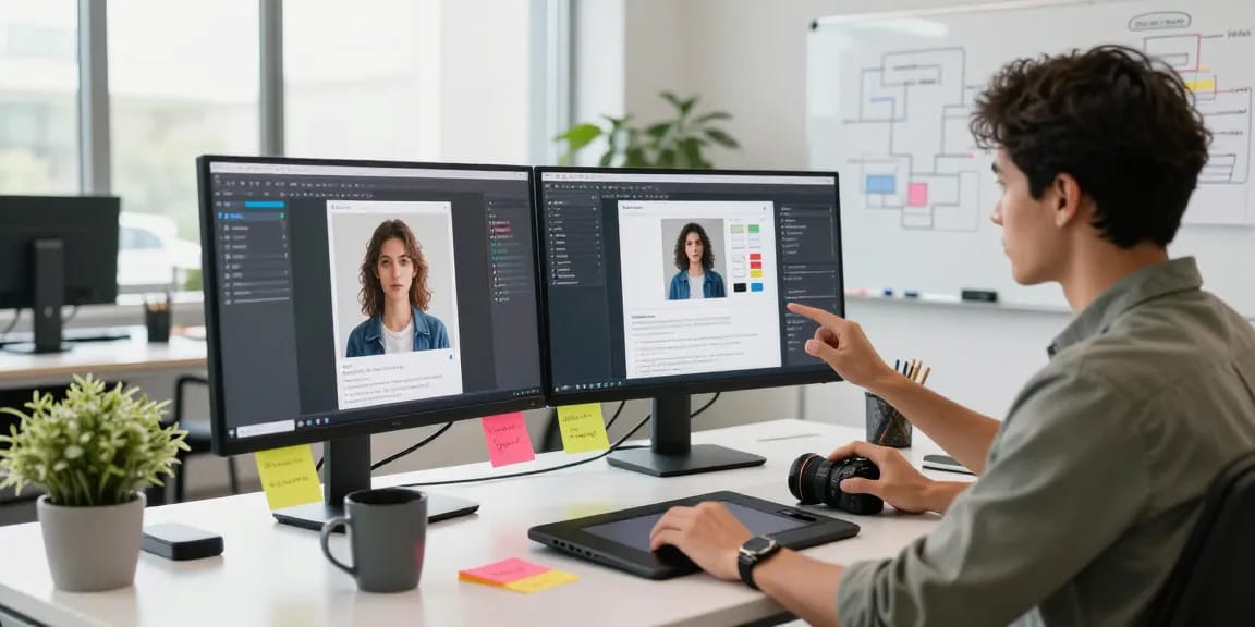 User analyzing images with a free ai detector in a modern tech workspace.