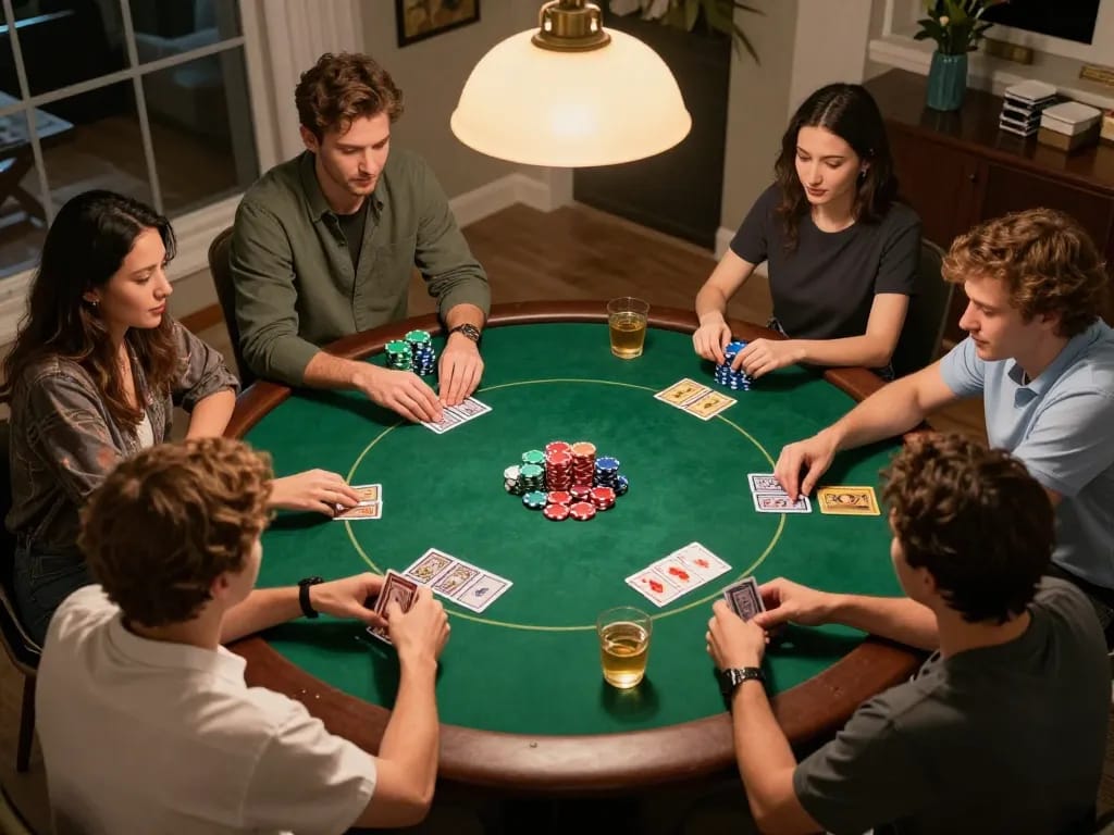 Friends enjoying a home poker game with HB88 atmosphere, chips and cards on the table