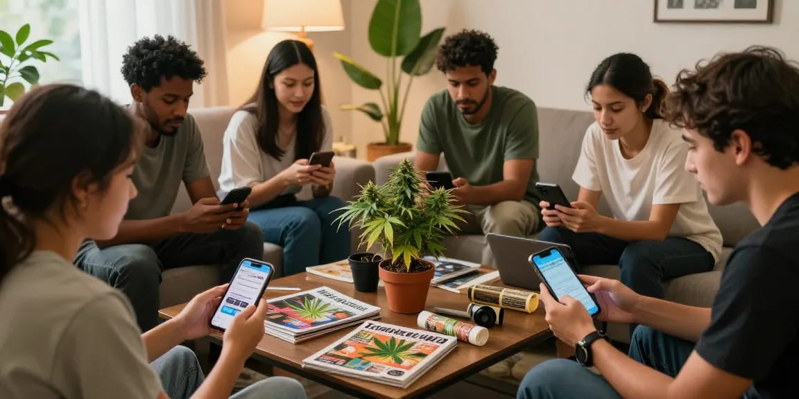 Engaged cannabis enthusiasts sharing news in a lively Telegram group, discussing weed telegram near me updates and community insights.