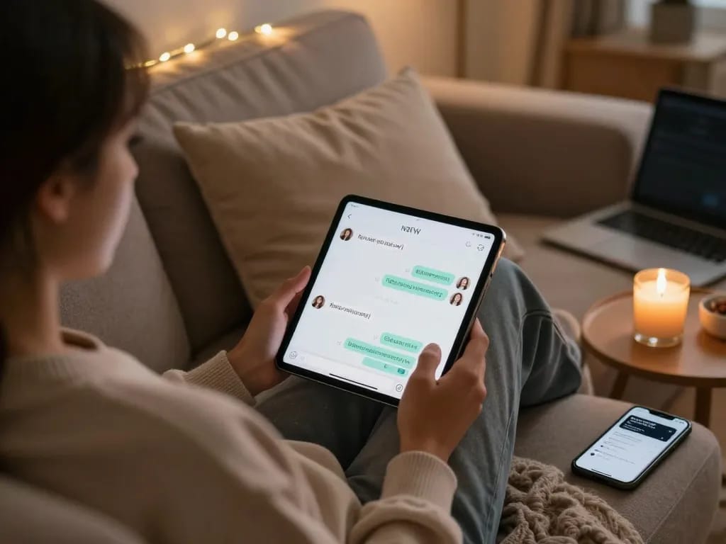Engaging nsfw ai chat on a sleek tablet in a cozy intimate setting.
