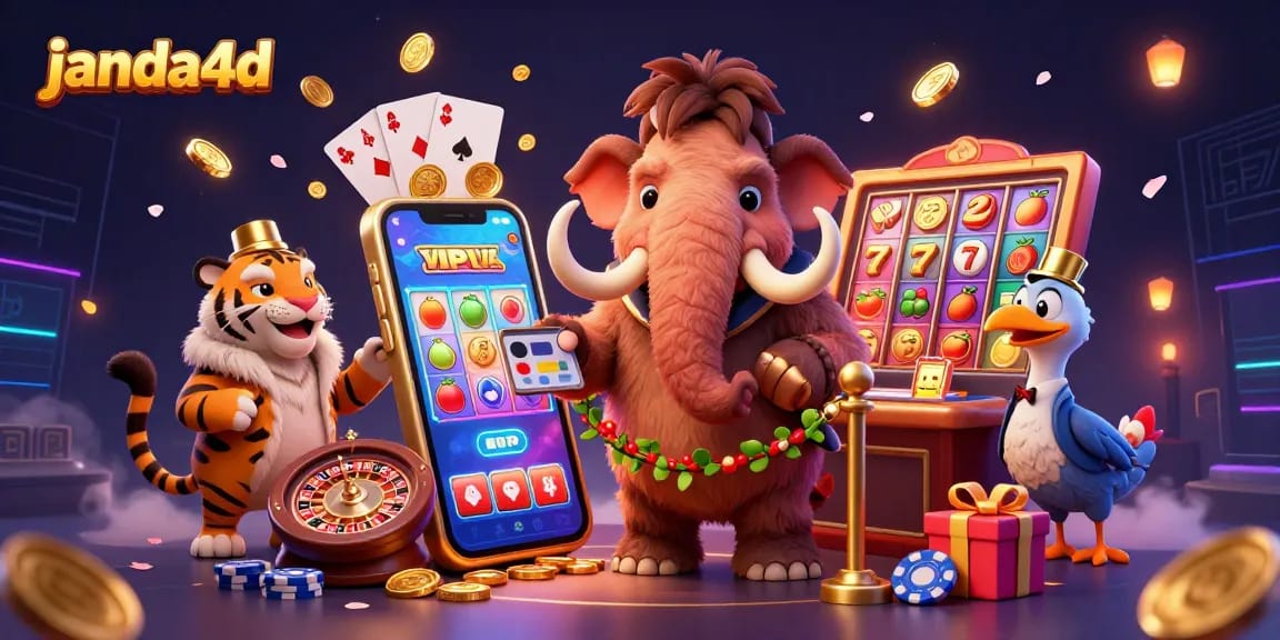 Gambarlah janda4d slot dengan gajah bulu, macan, dan burung dodo, serta elemen permainan kasino.