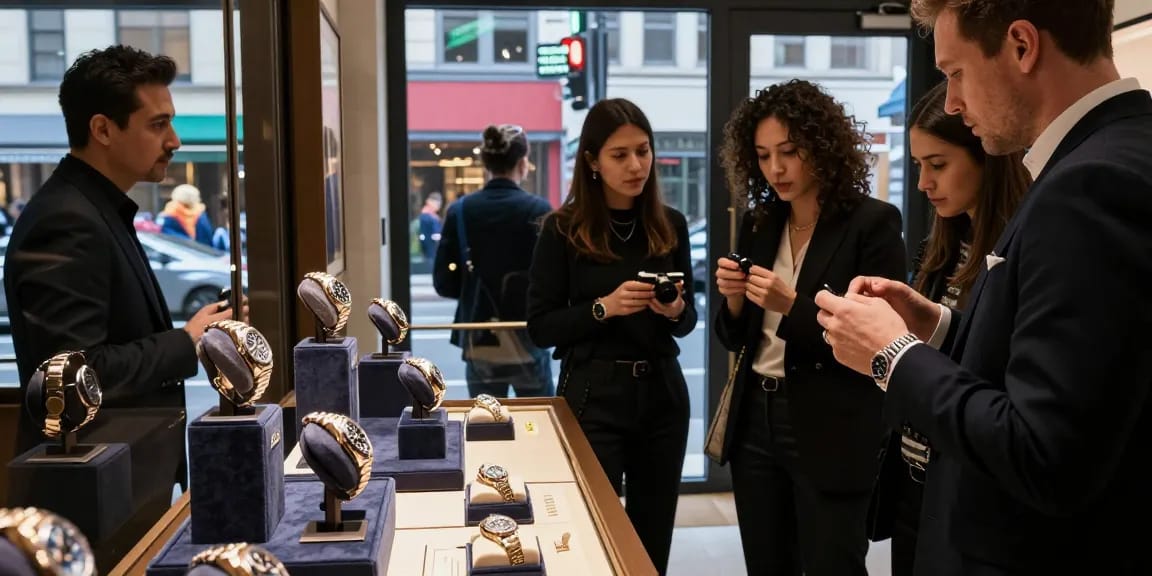 A stylish urban scene showcasing a watch enthusiast examining a Rolex replica in a luxury boutique surrounded by friends and vibrant city life.