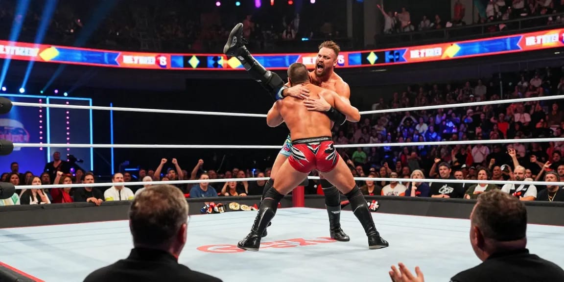 LA Knight showcasing his wrestling skills in a thrilling match at a vibrant arena.