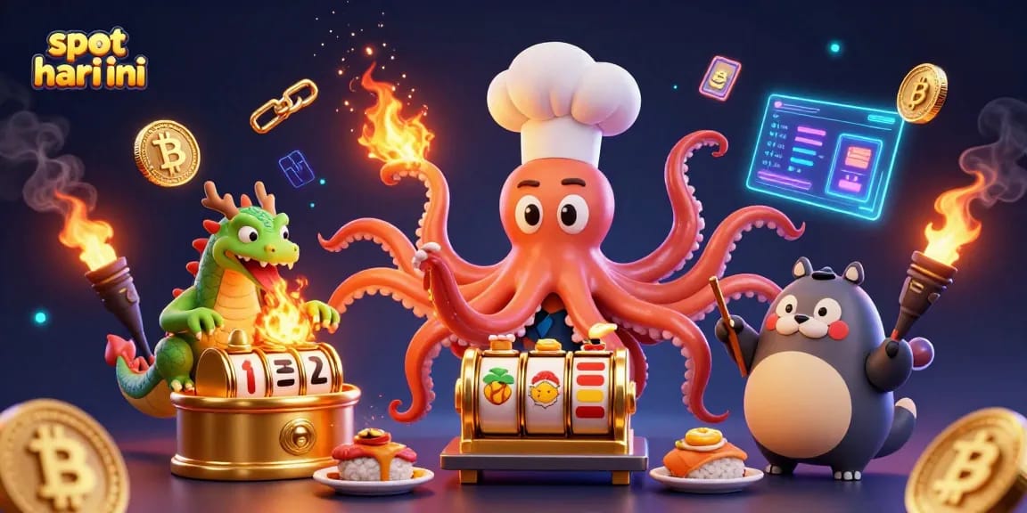 Menangkan slot hari ini dengan ilustrasi menarik karakter bergaya kartun sedang bermain slot di kasino digital.