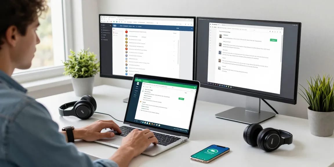 Person using WhatsApp電腦版 on a sleek desk with modern tech elements.