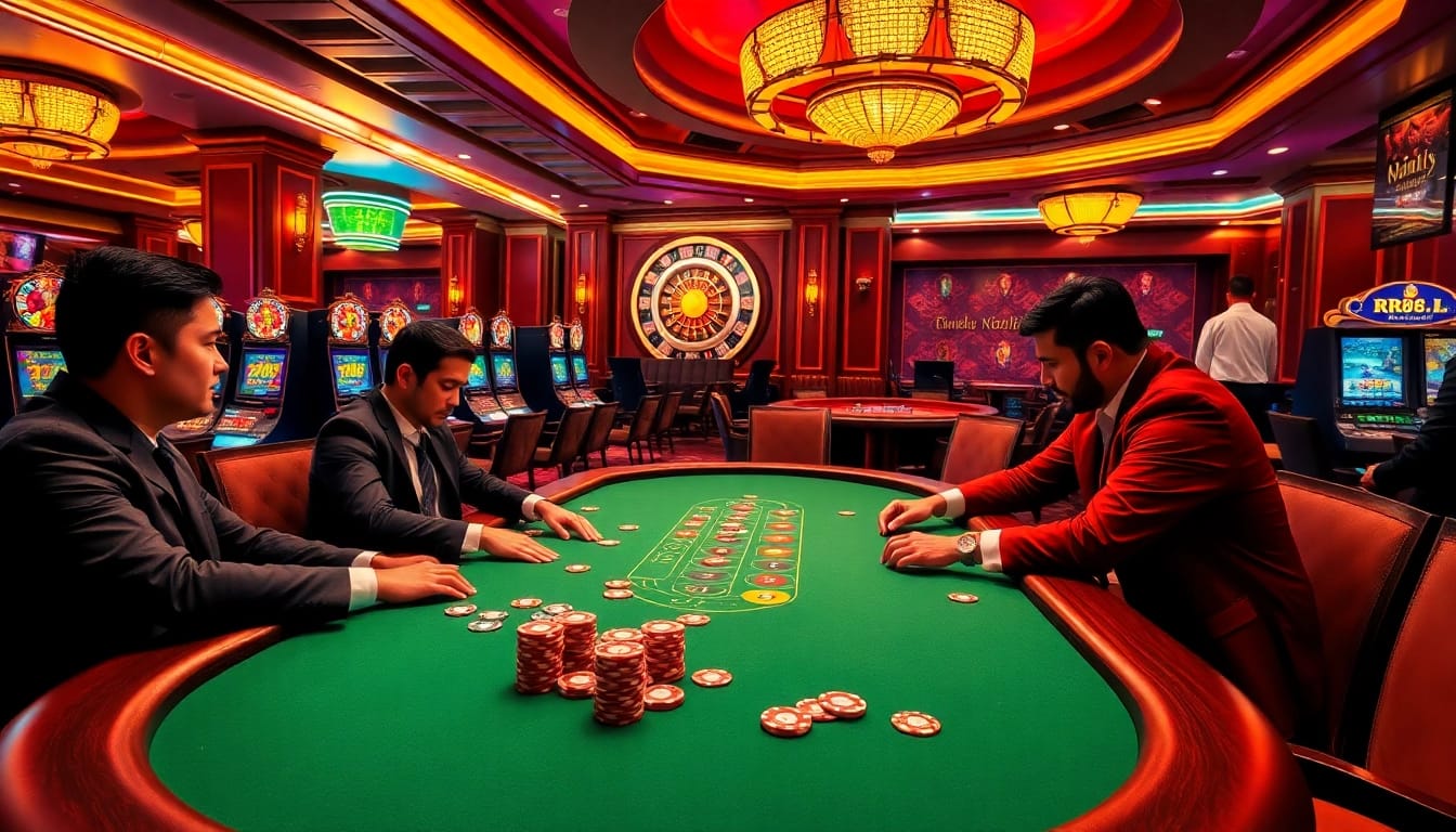High-stakes gameplay at RR88 casino with poker players, thrilling slot machines, and roulette.