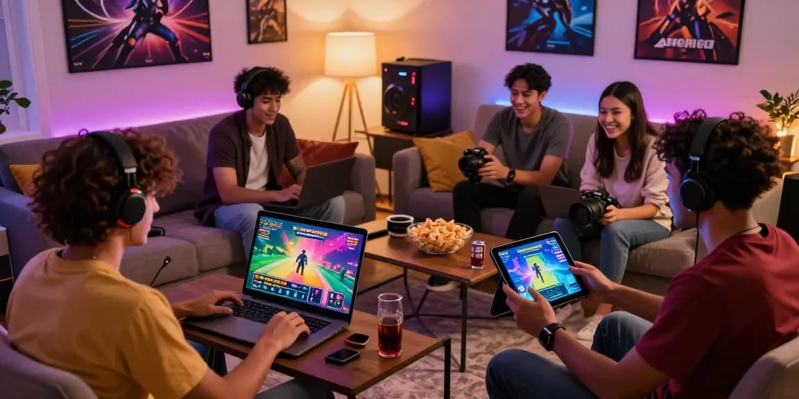 Enjoying free porn games in a cozy living room setting with diverse gamers on laptops and smartphones.