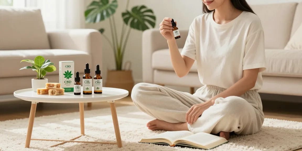 Enjoying cbd oil products canada in a cozy living room with wellness-focused CBD items on display.