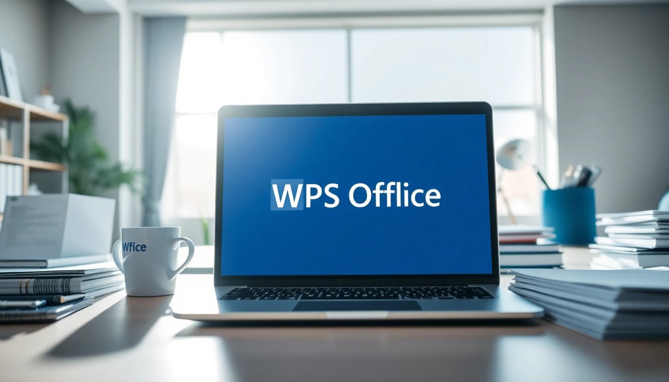 在现代、专业的工作区中,笔记本电脑上显示着 WPS Office,桌面整齐有序的办公用品。