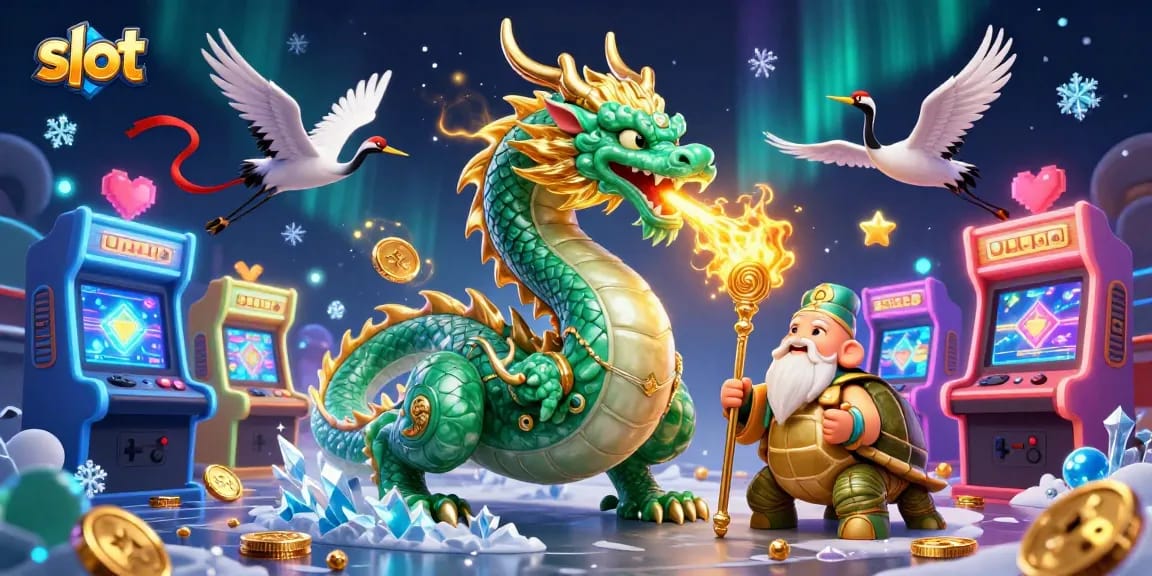 Experience thrilling slot gameplay while spinning with the emerald dragon and turtle sage.