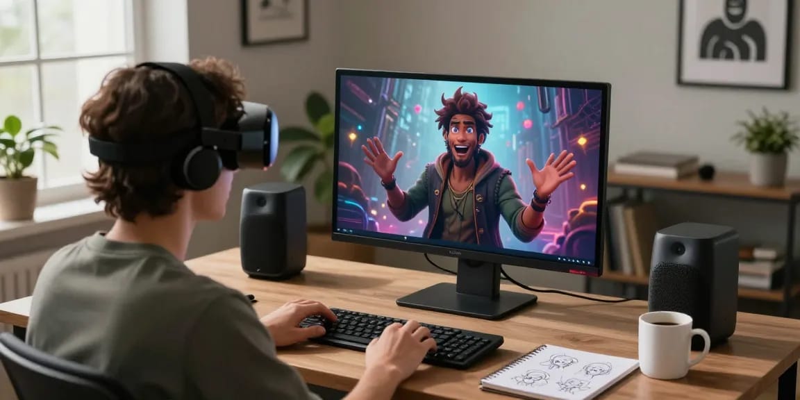 Tavern AI interaction scene with users engaged in creative dialogue and character design in a modern home office.