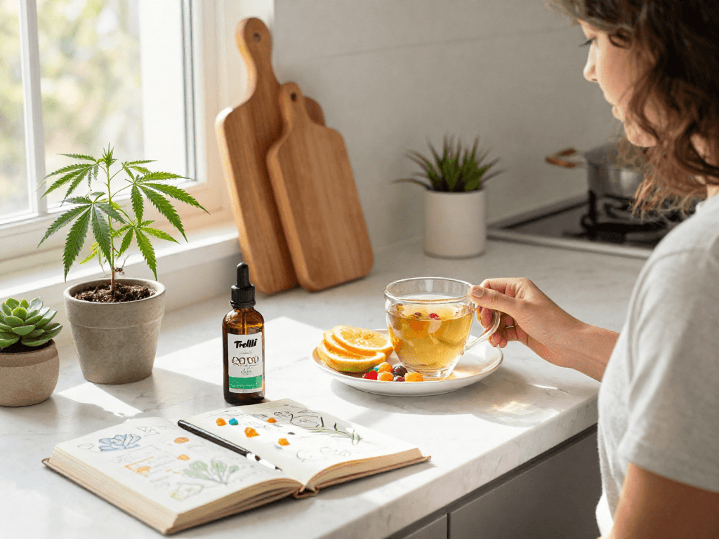 Tasting Trolli sweets infused with CBD oil in a bright kitchen filled with natural wellness elements.