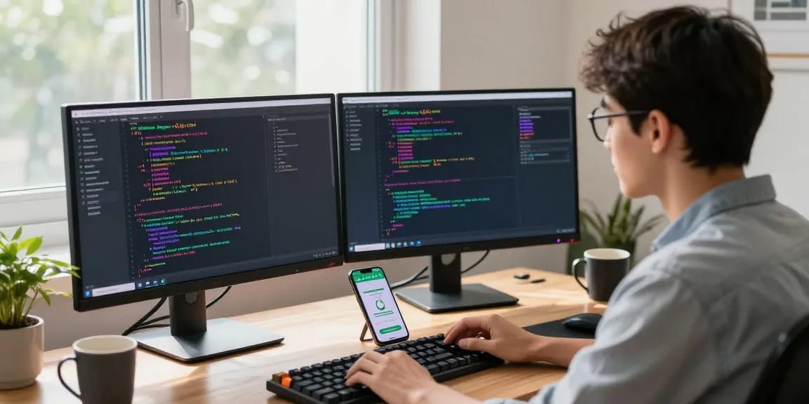Developer using GB WhatsApp APK on dual monitors in a modern workspace