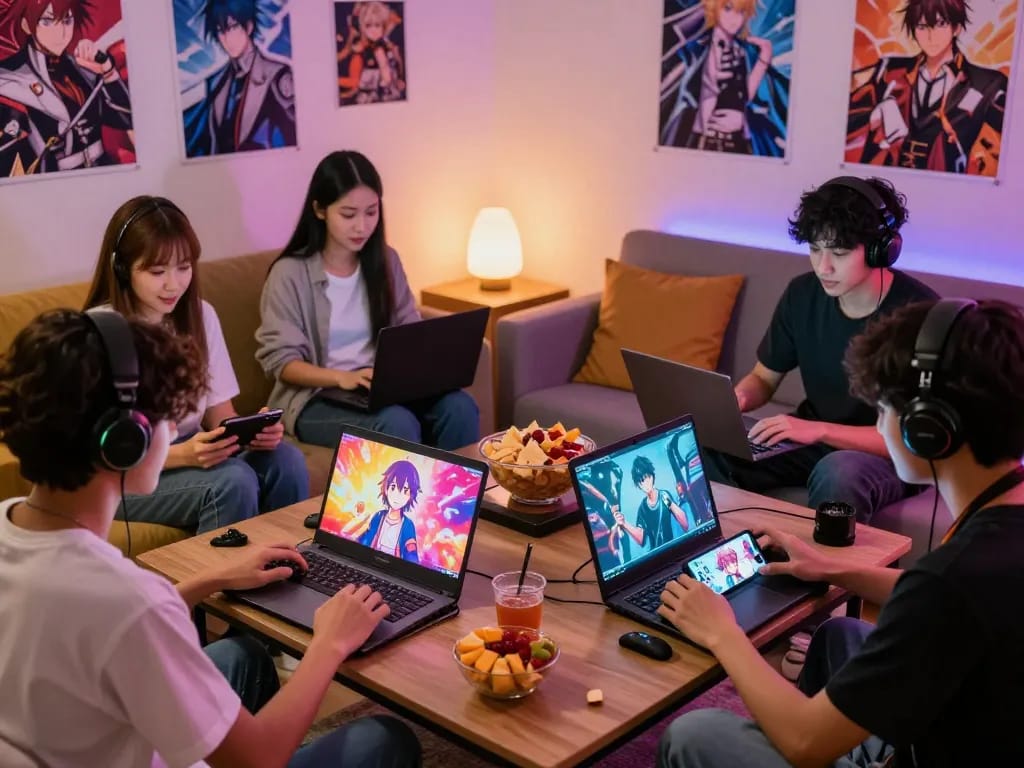 Friends enjoying sex games online in a cozy room with colorful screens and a lively atmosphere.
