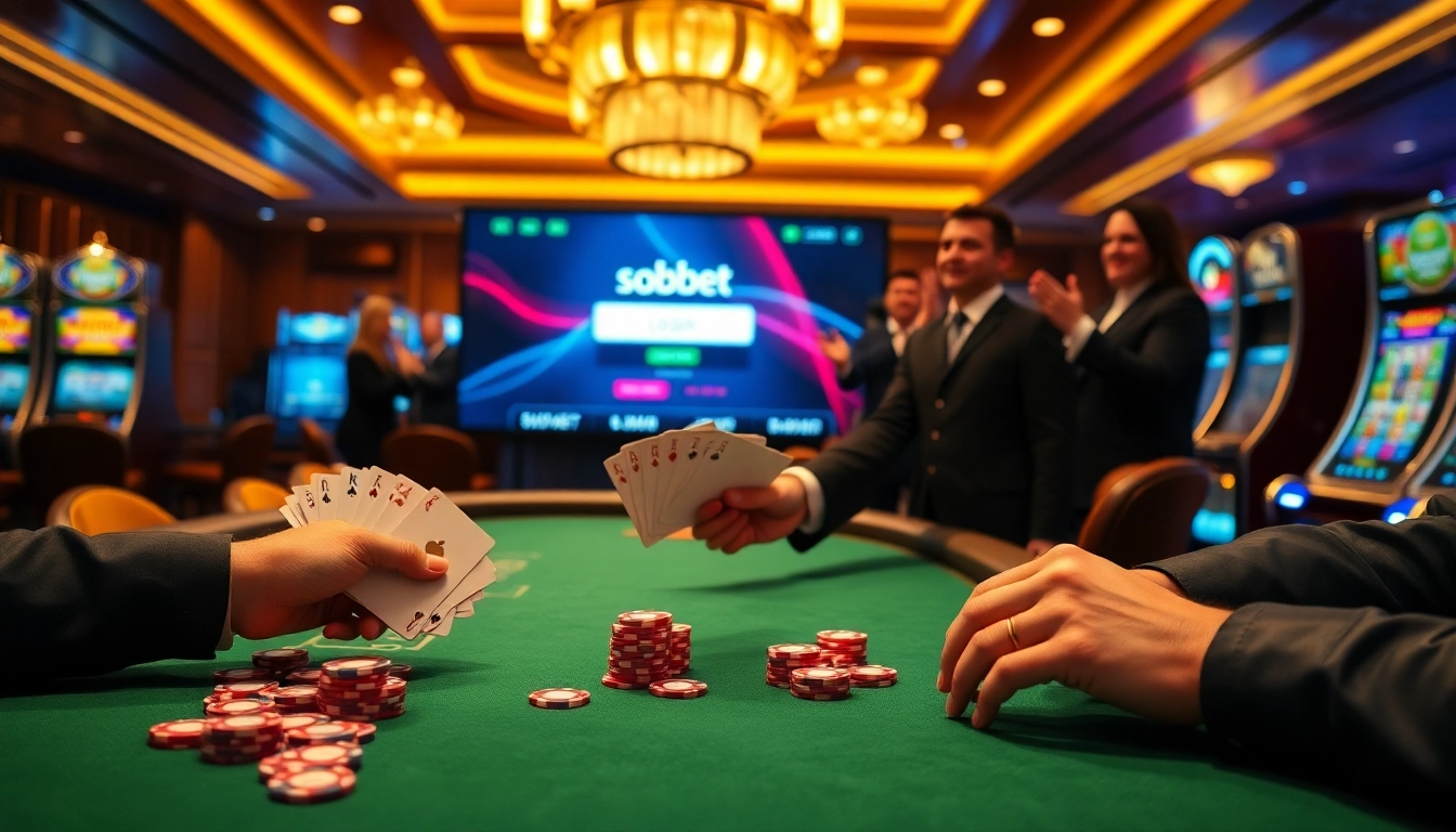 Engage in thrilling sbobet login action at a luxury casino featuring vibrant slot machines and poker tables.