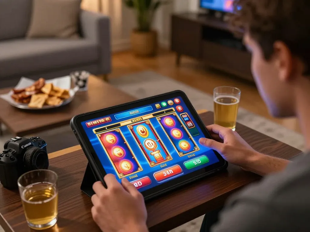Player spins a slot machine for exciting slot bonuses in a cozy home gaming setup.