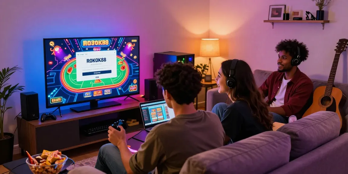 Exciting gaming scene with friends enjoying ROKOK88 login in a cozy setup.