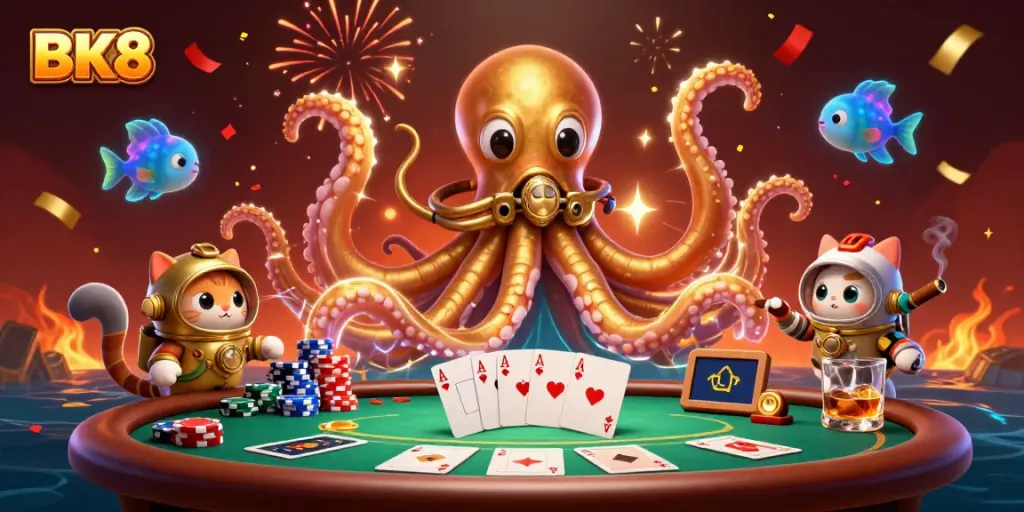 Experience the thrill of BK8 with a vibrant poker scene featuring a kraken, a diving cat, and deep-sea fish.
