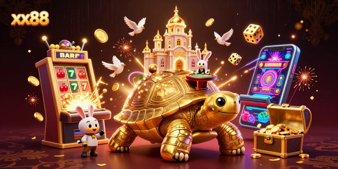 Experience thrilling action at xx88 with a whimsical 3D casino adventure featuring a golden tortoise and a rabbit dealer.