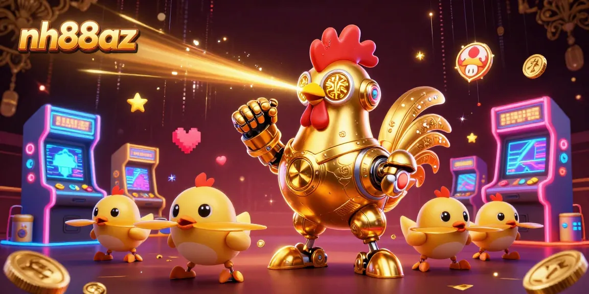 Engage with the vibrant world of nh88az featuring a golden rooster robot and arcade games in a dynamic casino scene.