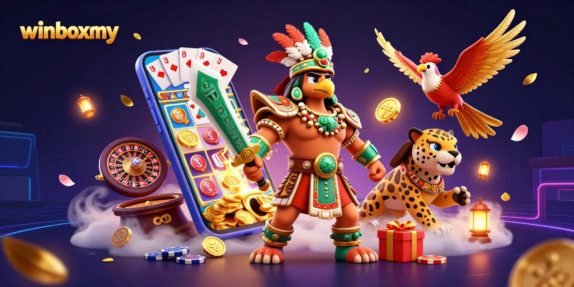 winboxmy engaging with vibrant slot games, golden coins, and rich casino elements