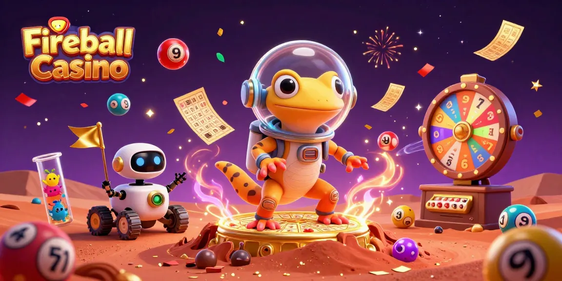 Fireball Casino: grafika 3D pokazująca odkrycie złotego kasyna przez gecko na Marsie.