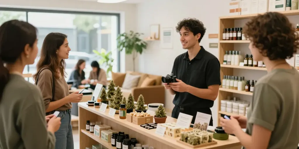 People discussing options to buy cannabis in Croydon at a welcoming dispensary.