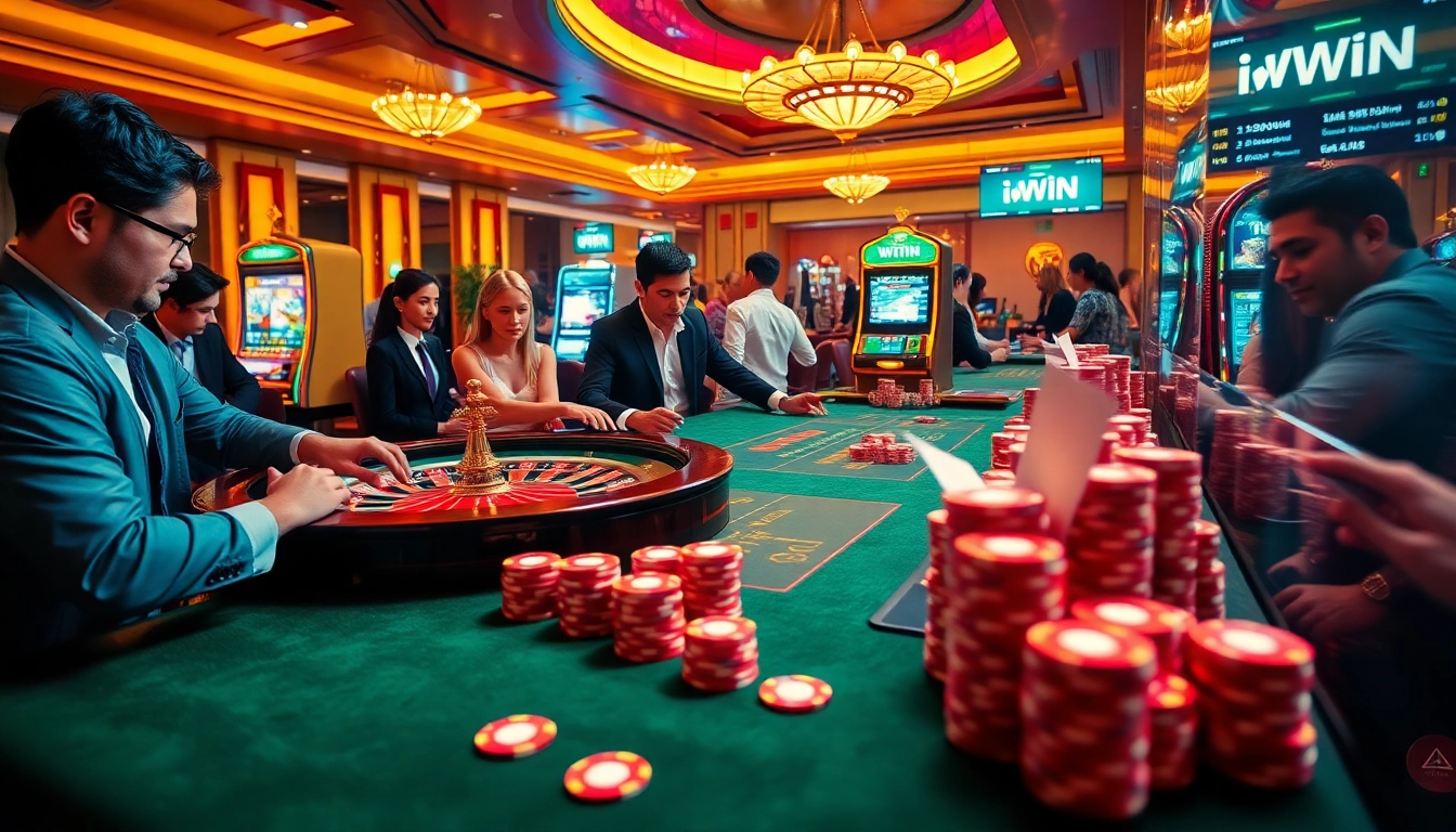IWIN's luxe casino scene featuring engaged players at a roulette table and vibrant slot machines.